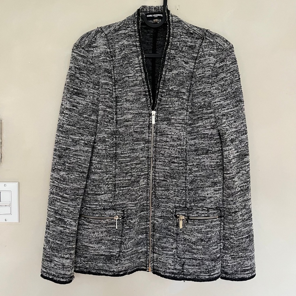 Karl Lagerfeld Paris Zipper Textured Blazer Jacket Womens L Black White Tweed